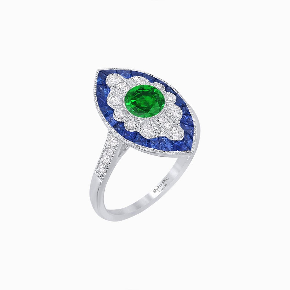 Art Deco-Inspired Marquise Halo Ring with Scalloped Diamond Motif Custom Center Stone | Sculptural Elegance | Vintage-Inspired Craftsmanship - Shahin Jewelry