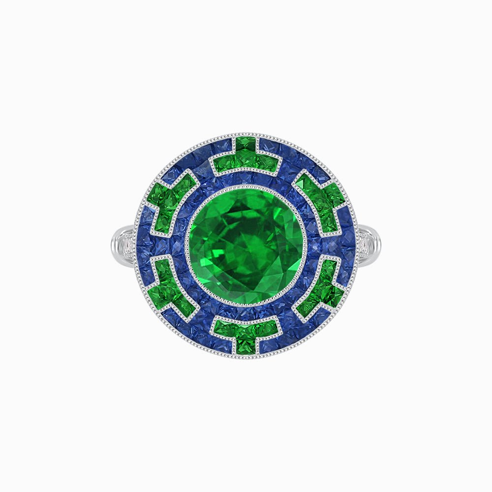 Art Deco-Inspired Mosaic Halo Ring Mounting with French-Cut Gemstone Inlay Custom Center Stone | Bold Symmetry | Hand-Applied Milgrain - Shahin Jewelry