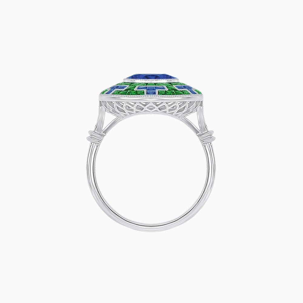 Art Deco-Inspired Mosaic Halo Ring Mounting with French-Cut Gemstone Inlay Custom Center Stone | Bold Symmetry | Hand-Applied Milgrain - Shahin Jewelry