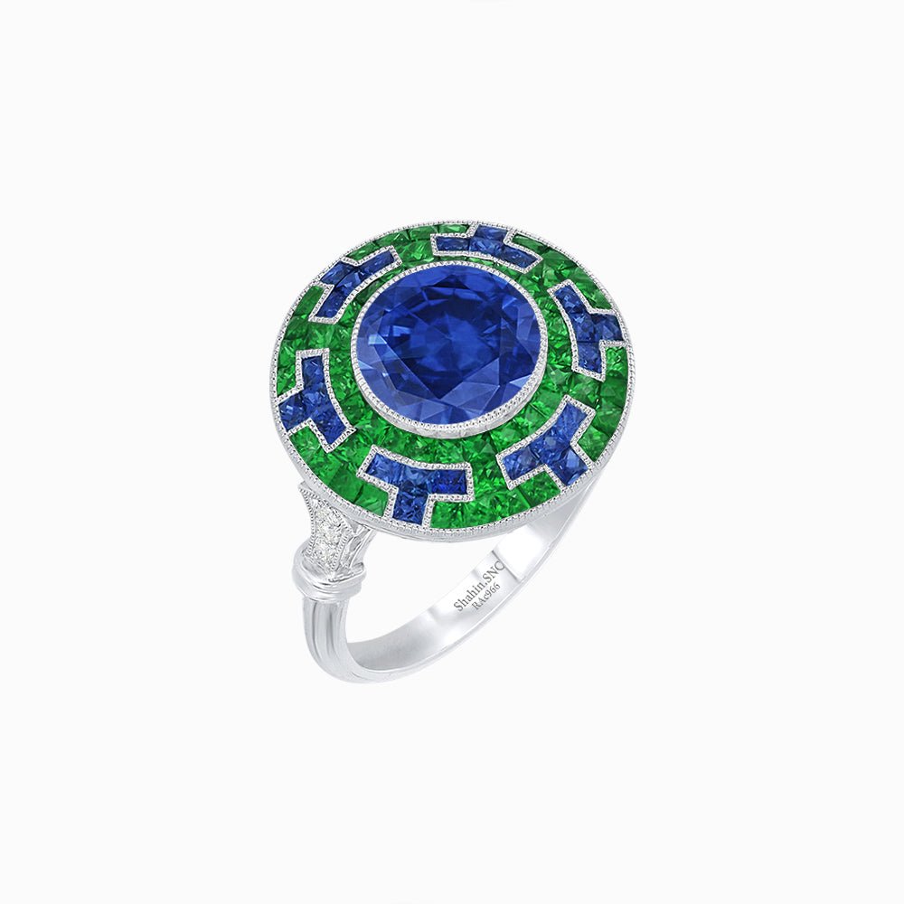 Art Deco-Inspired Mosaic Halo Ring Mounting with French-Cut Gemstone Inlay Custom Center Stone | Bold Symmetry | Hand-Applied Milgrain - Shahin Jewelry