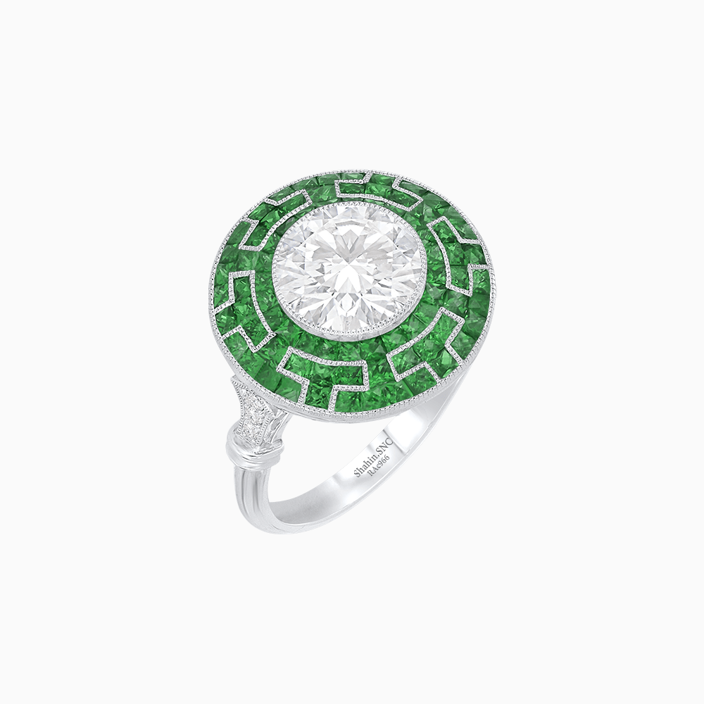 Art Deco - Inspired Mosaic Halo Ring Mounting with French - Cut Gemstone Inlay Custom Center Stone | Bold Symmetry | Hand - Applied Milgrain - Shahin Jewelry