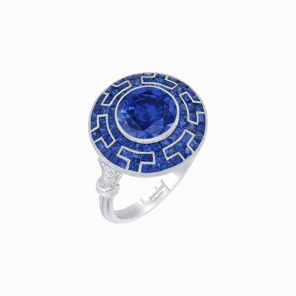 Art Deco-Inspired Mosaic Halo Ring Mounting with French-Cut Gemstone Inlay Custom Center Stone | Bold Symmetry | Hand-Applied Milgrain - Shahin Jewelry