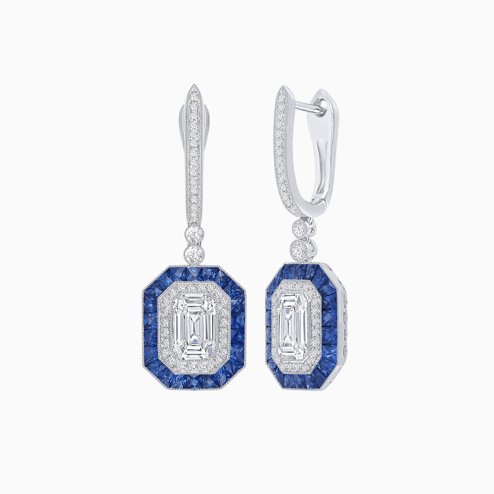 Art Deco–Inspired Mounting Emerald Cut Drop Earrings with Diamonds and Gemstones - Shahin Jewelry