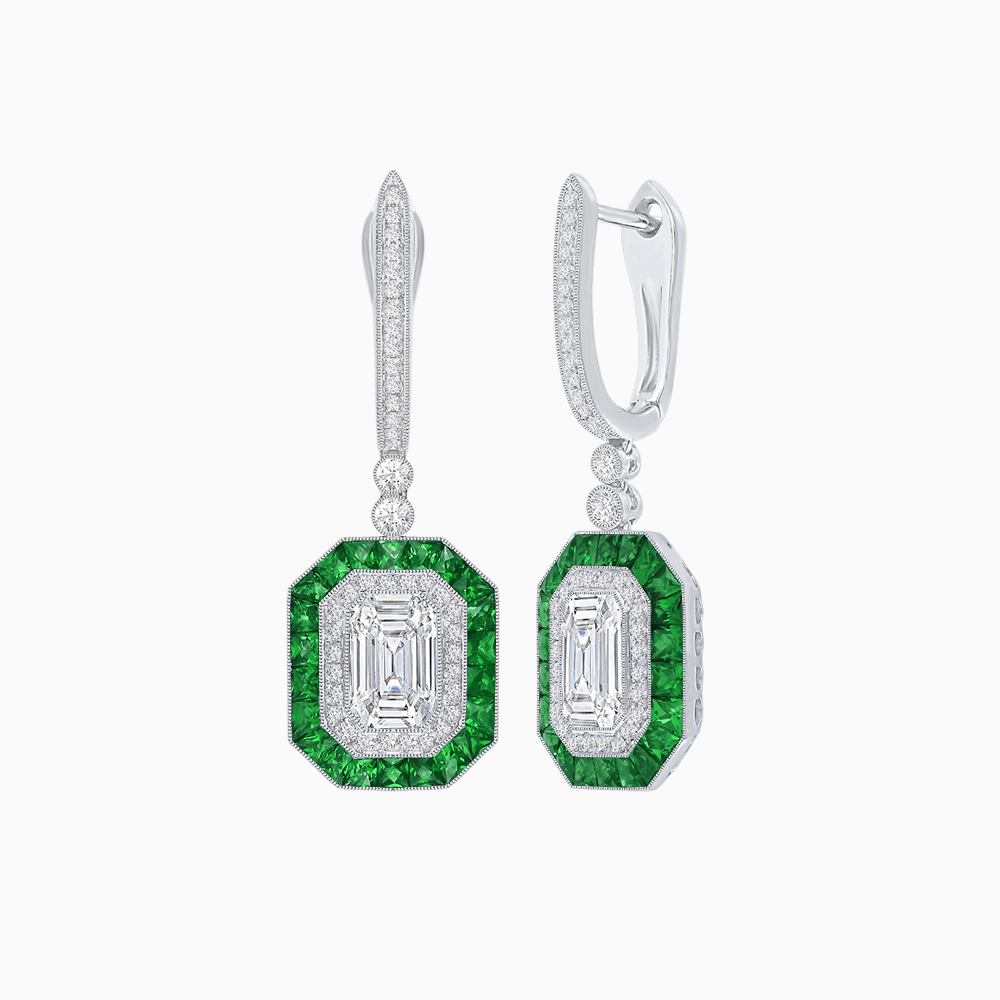 Art Deco–Inspired Mounting Emerald Cut Drop Earrings with Diamonds and Gemstones - Shahin Jewelry