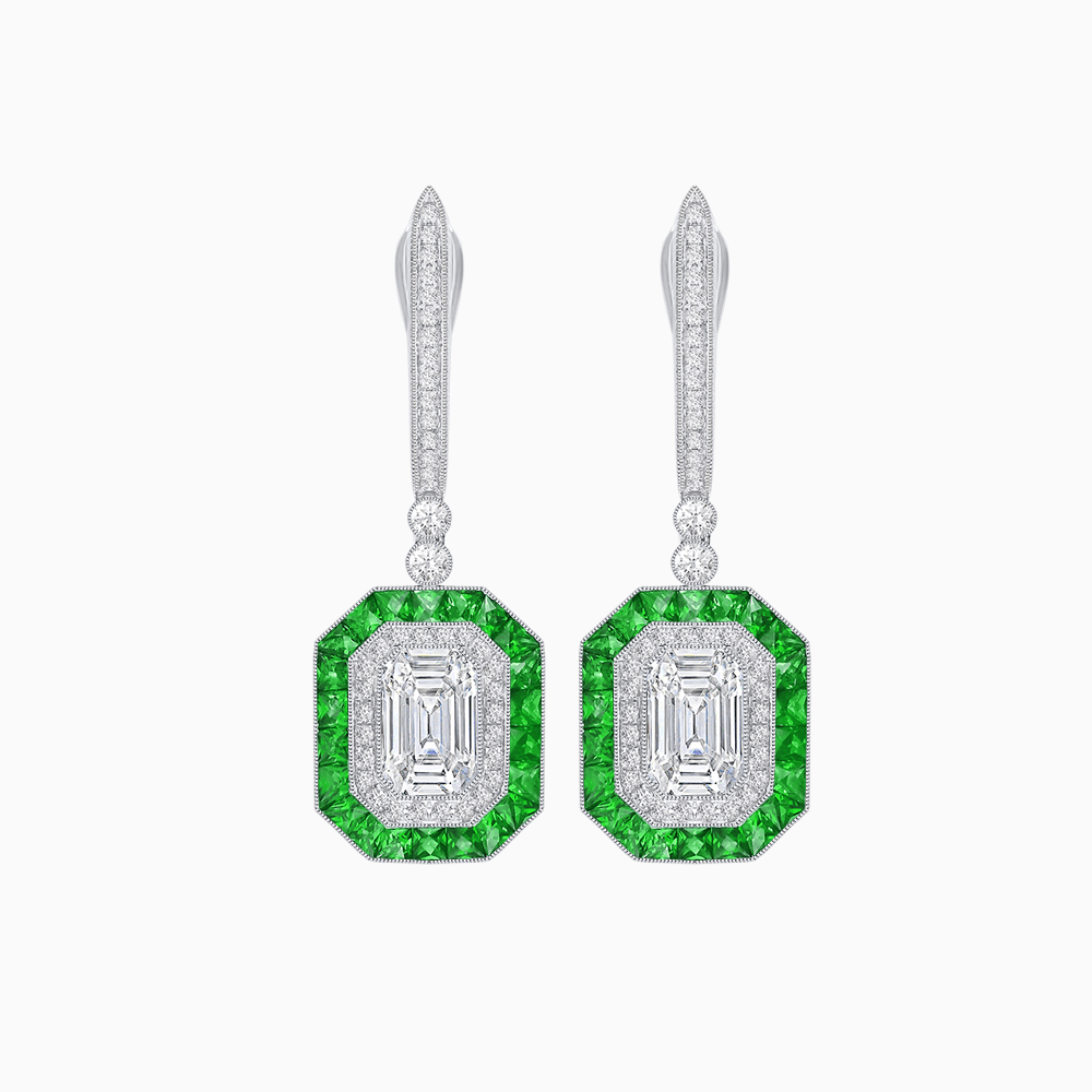 Art Deco–Inspired Mounting Emerald Cut Drop Earrings with Diamonds and Gemstones - Shahin Jewelry