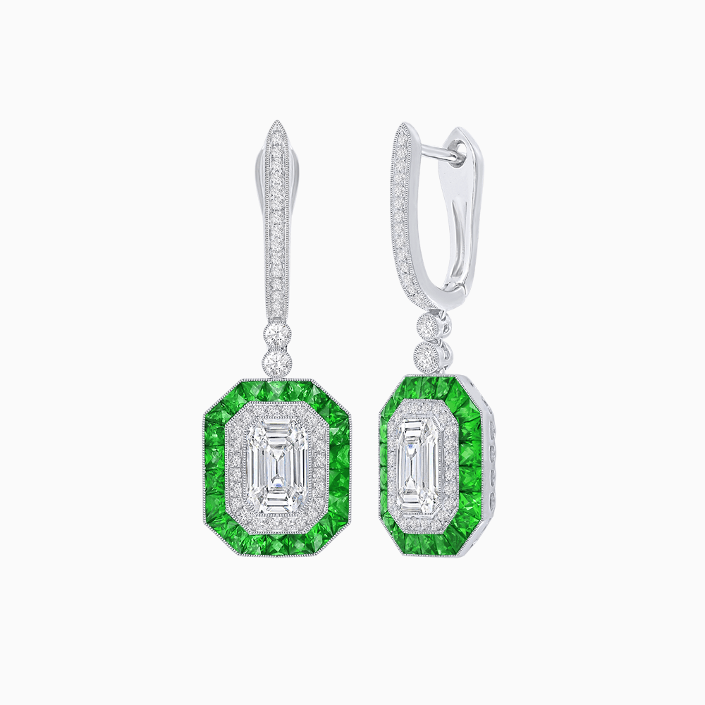 Art Deco–Inspired Mounting Emerald Cut Drop Earrings with Diamonds and Gemstones - Shahin Jewelry