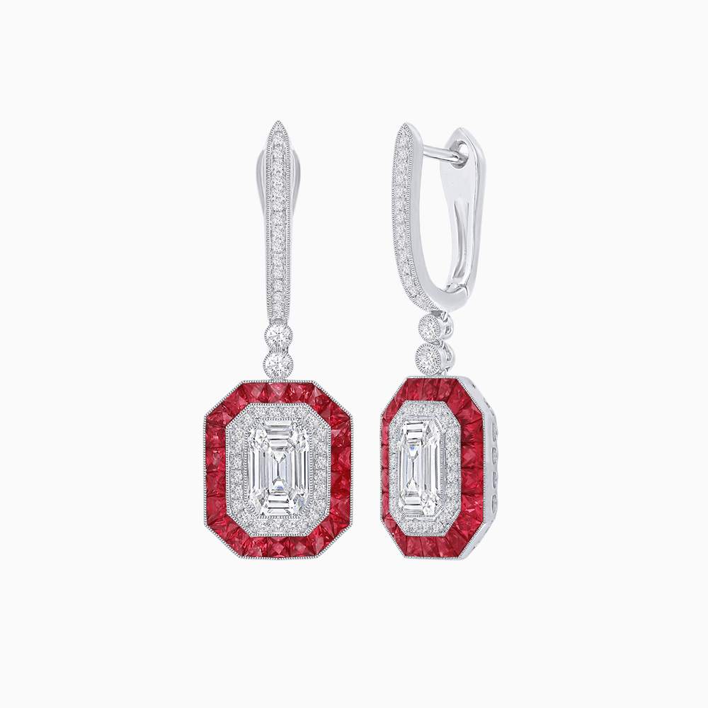 Art Deco–Inspired Mounting Emerald Cut Drop Earrings with Diamonds and Gemstones - Shahin Jewelry