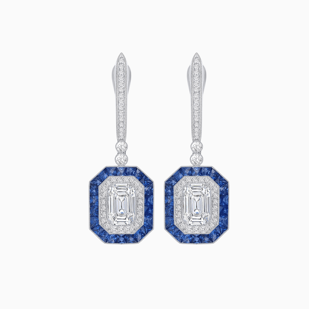 Art Deco–Inspired Mounting Emerald Cut Drop Earrings with Diamonds and Gemstones - Shahin Jewelry