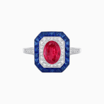 Load image into Gallery viewer, Art Deco Inspired Octagonal Halo Ring with Oval Center Stone and French-Cut Gemstone Border - Shahin Jewelry