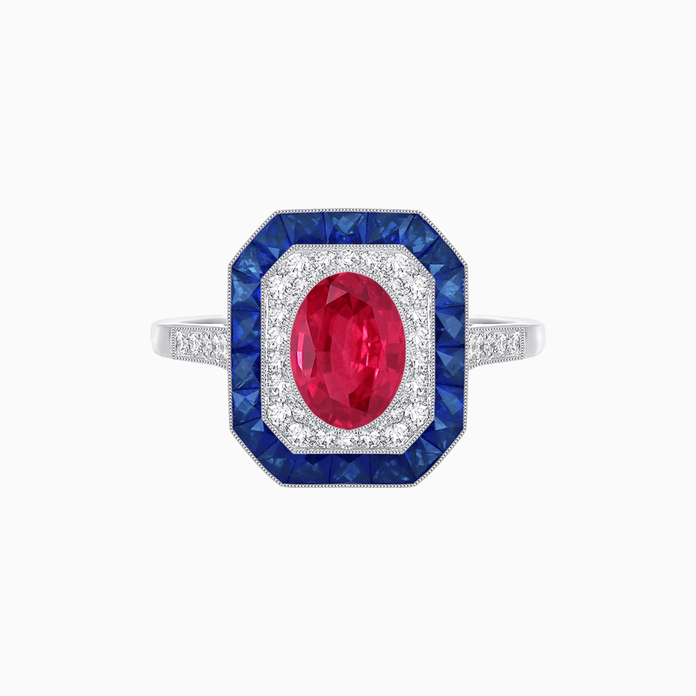 Art Deco Inspired Octagonal Halo Ring with Oval Center Stone and French-Cut Gemstone Border - Shahin Jewelry