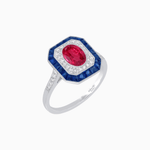 Load image into Gallery viewer, Art Deco Inspired Octagonal Halo Ring with Oval Center Stone and French-Cut Gemstone Border - Shahin Jewelry
