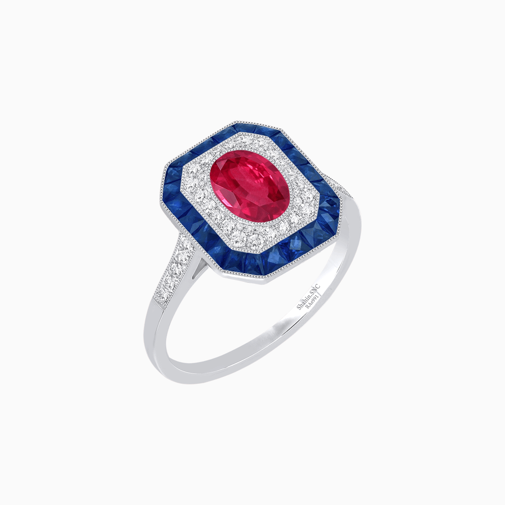 Art Deco Inspired Octagonal Halo Ring with Oval Center Stone and French-Cut Gemstone Border - Shahin Jewelry