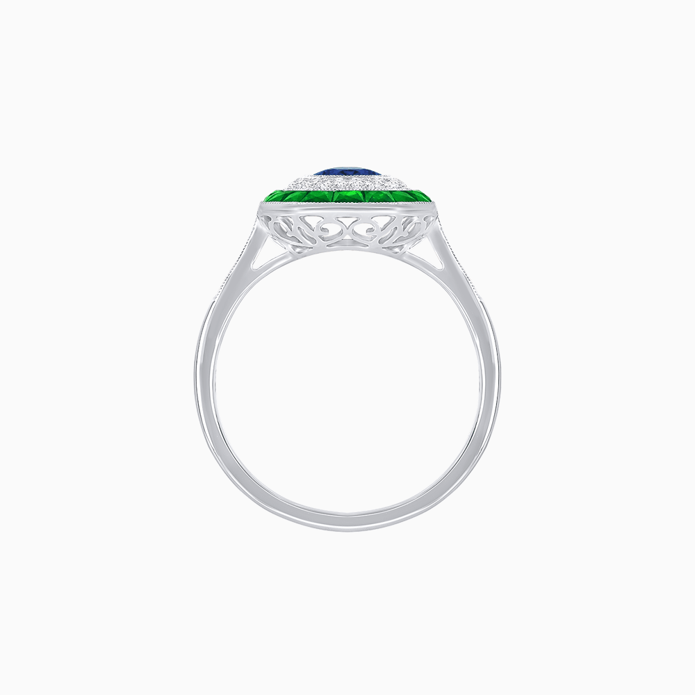Art Deco Inspired Octagonal Halo Ring with Oval Center Stone and French-Cut Gemstone Border - Shahin Jewelry