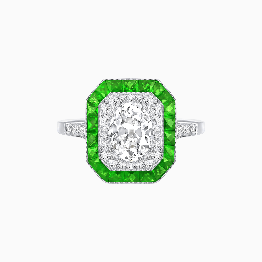 Art Deco Inspired Octagonal Halo Ring with Oval Center Stone and French-Cut Gemstone Border - Shahin Jewelry
