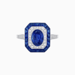 Load image into Gallery viewer, Art Deco Inspired Octagonal Halo Ring with Oval Center Stone and French-Cut Gemstone Border - Shahin Jewelry
