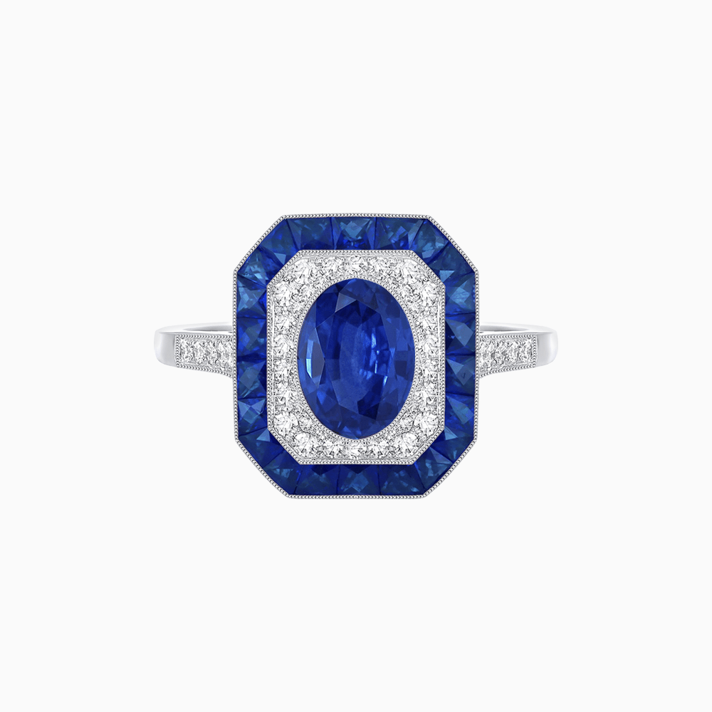 Art Deco Inspired Octagonal Halo Ring with Oval Center Stone and French-Cut Gemstone Border - Shahin Jewelry
