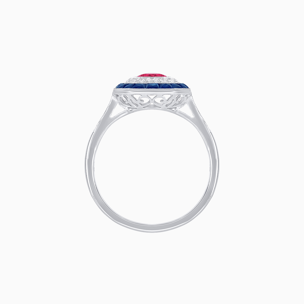 Art Deco Inspired Octagonal Halo Ring with Oval Center Stone and French-Cut Gemstone Border - Shahin Jewelry