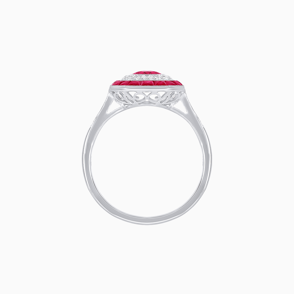 Art Deco Inspired Octagonal Halo Ring with Oval Center Stone and French-Cut Gemstone Border - Shahin Jewelry