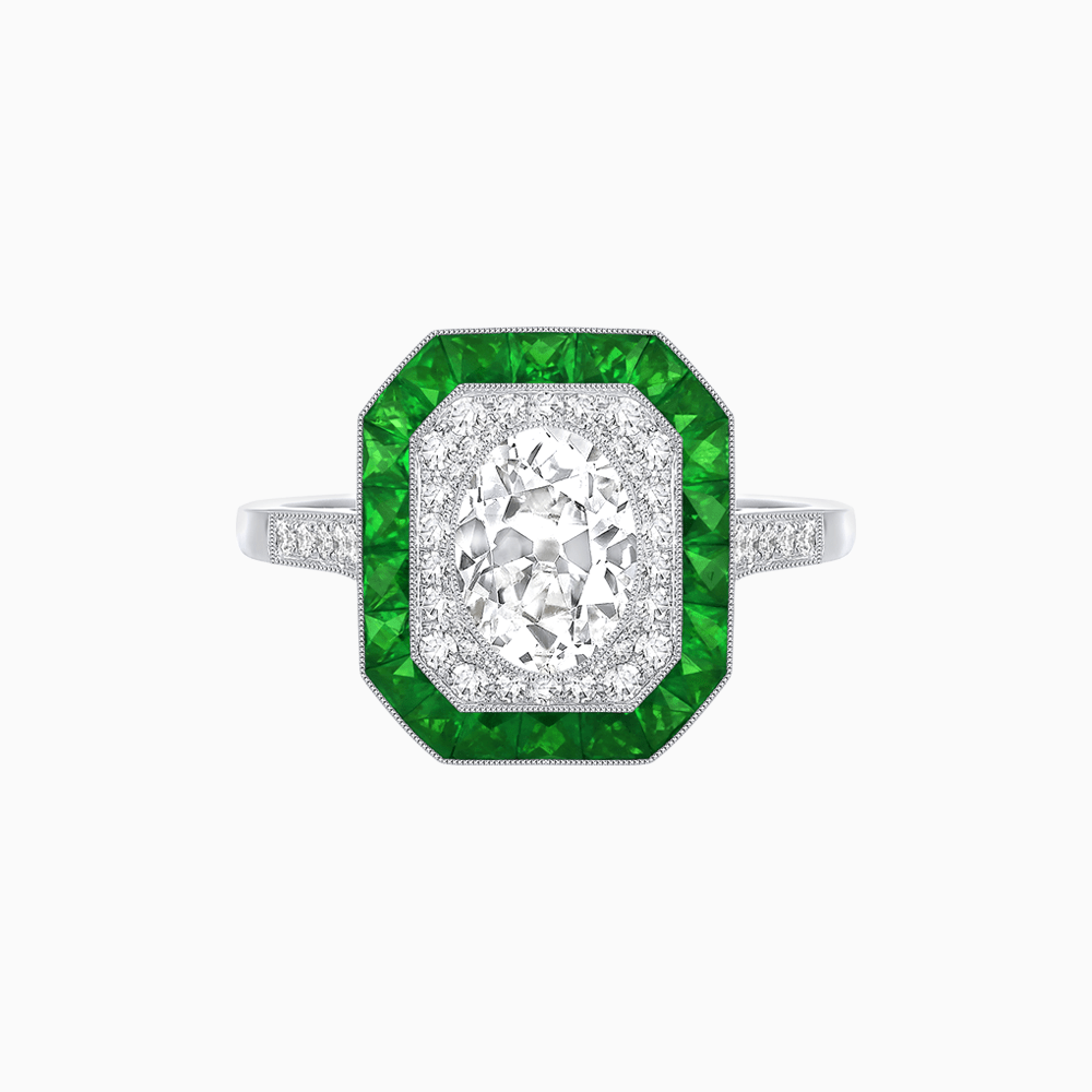 Art Deco Inspired Octagonal Halo Ring with Oval Center Stone and French-Cut Gemstone Border - Shahin Jewelry