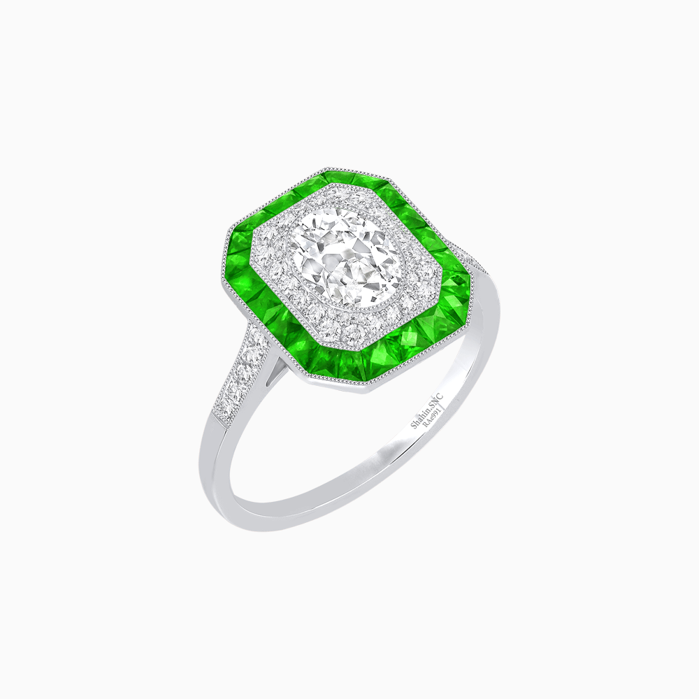 Art Deco Inspired Octagonal Halo Ring with Oval Center Stone and French-Cut Gemstone Border - Shahin Jewelry