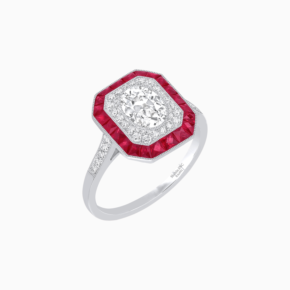 Art Deco Inspired Octagonal Halo Ring with Oval Center Stone and French-Cut Gemstone Border - Shahin Jewelry