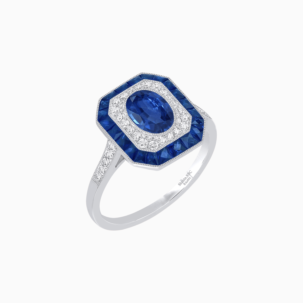 Art Deco Inspired Octagonal Halo Ring with Oval Center Stone and French-Cut Gemstone Border - Shahin Jewelry