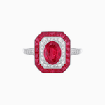 Load image into Gallery viewer, Art Deco Inspired Octagonal Halo Ring with Oval Center Stone and French-Cut Gemstone Border - Shahin Jewelry