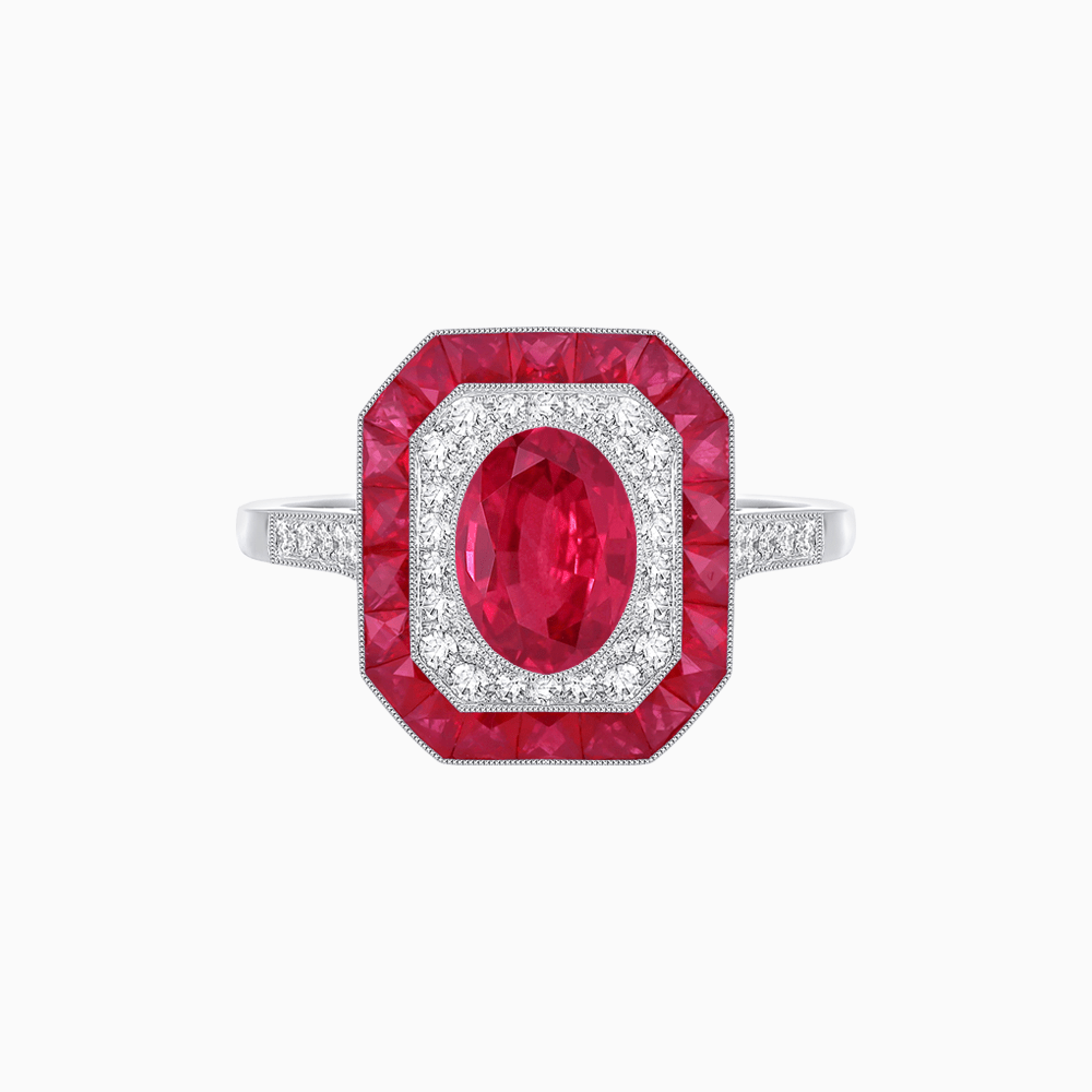 Art Deco Inspired Octagonal Halo Ring with Oval Center Stone and French-Cut Gemstone Border - Shahin Jewelry