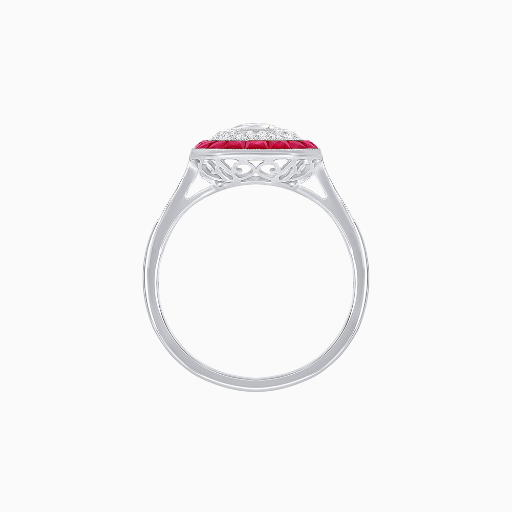 Art Deco Inspired Octagonal Halo Ring with Oval Center Stone and French-Cut Gemstone Border - Shahin Jewelry