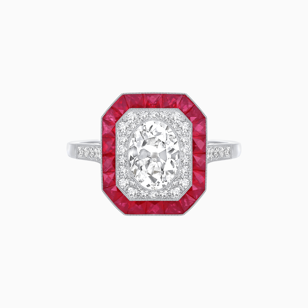 Art Deco Inspired Octagonal Halo Ring with Oval Center Stone and French-Cut Gemstone Border - Shahin Jewelry