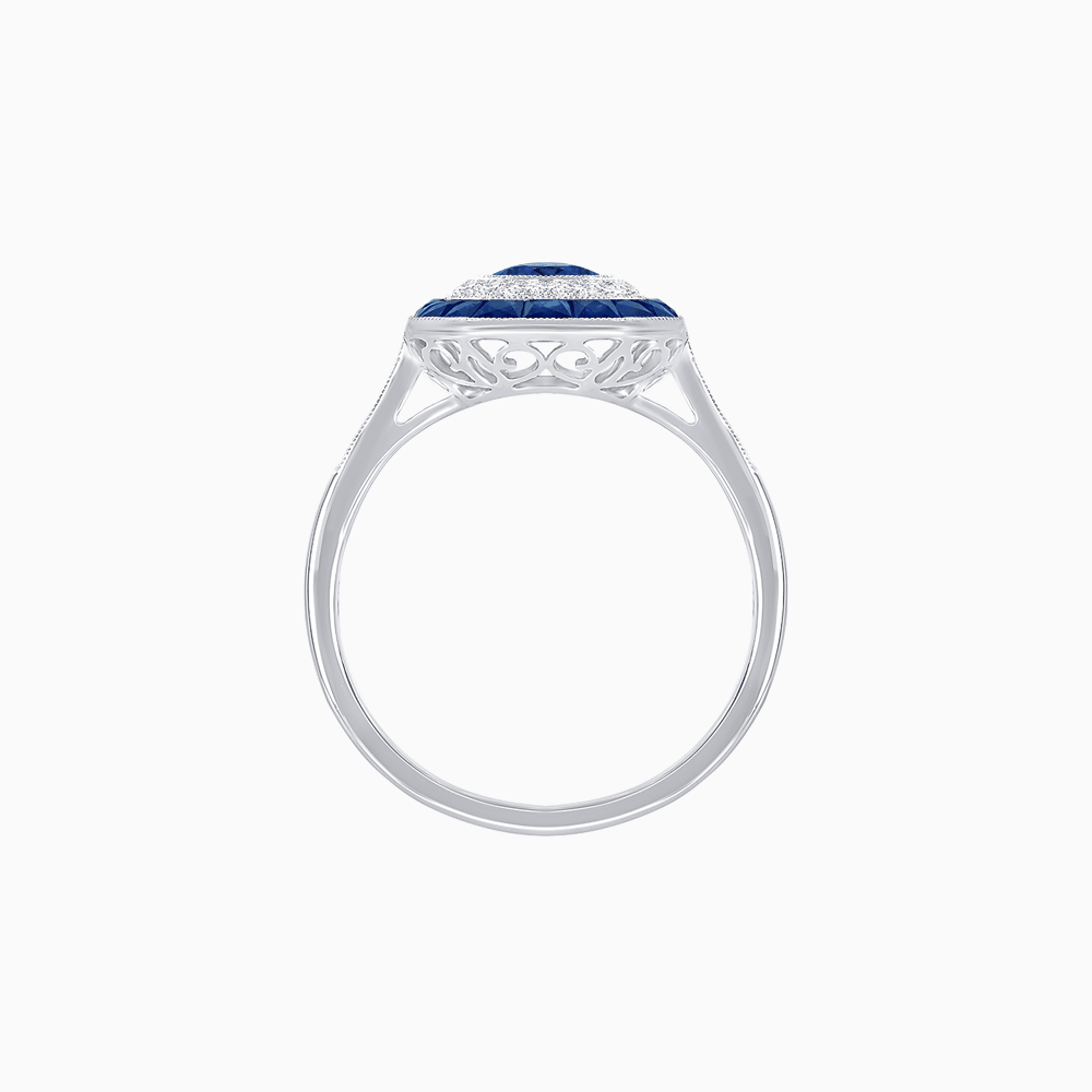 Art Deco Inspired Octagonal Halo Ring with Oval Center Stone and French-Cut Gemstone Border - Shahin Jewelry
