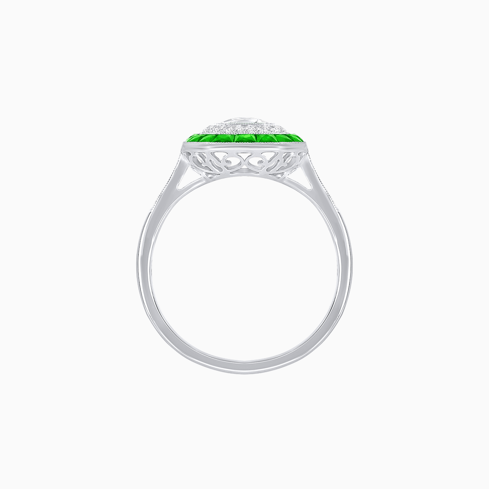 Art Deco Inspired Octagonal Halo Ring with Oval Center Stone and French-Cut Gemstone Border - Shahin Jewelry