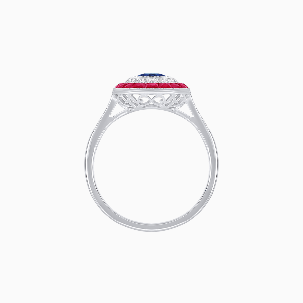Art Deco Inspired Octagonal Halo Ring with Oval Center Stone and French-Cut Gemstone Border - Shahin Jewelry