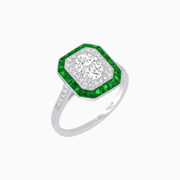 Art Deco Inspired Octagonal Halo Ring with Oval Center Stone and French-Cut Gemstone Border - Shahin Jewelry