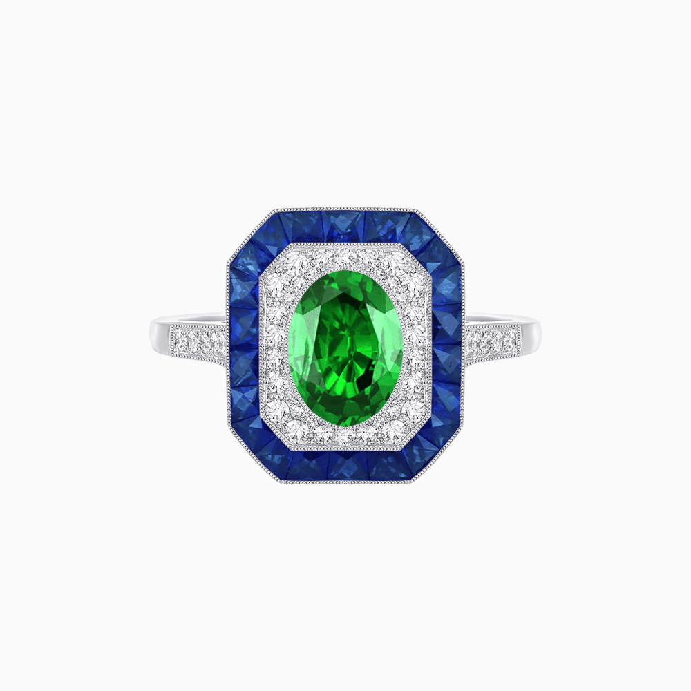Art Deco Inspired Octagonal Halo Ring with Oval Center Stone and French-Cut Gemstone Border - Shahin Jewelry