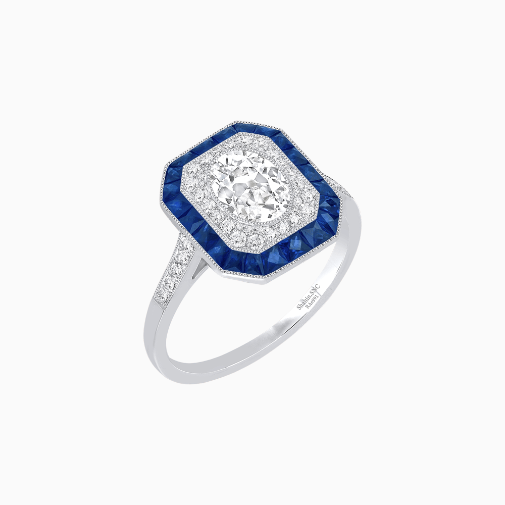 Art Deco Inspired Octagonal Halo Ring with Oval Center Stone and French-Cut Gemstone Border - Shahin Jewelry