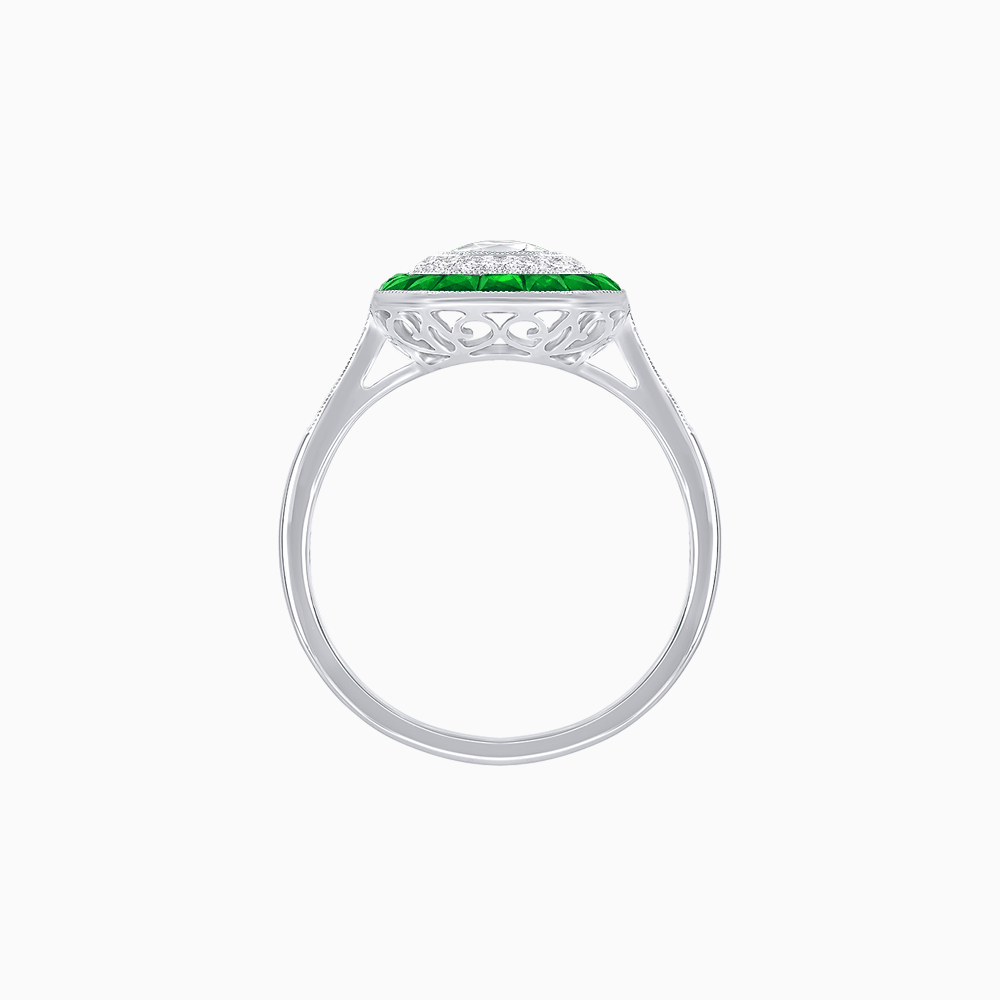 Art Deco Inspired Octagonal Halo Ring with Oval Center Stone and French-Cut Gemstone Border - Shahin Jewelry