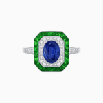 Load image into Gallery viewer, Art Deco Inspired Octagonal Halo Ring with Oval Center Stone and French-Cut Gemstone Border - Shahin Jewelry