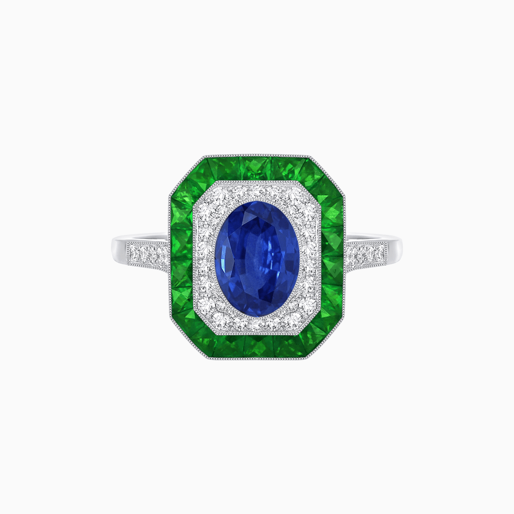 Art Deco Inspired Octagonal Halo Ring with Oval Center Stone and French-Cut Gemstone Border - Shahin Jewelry