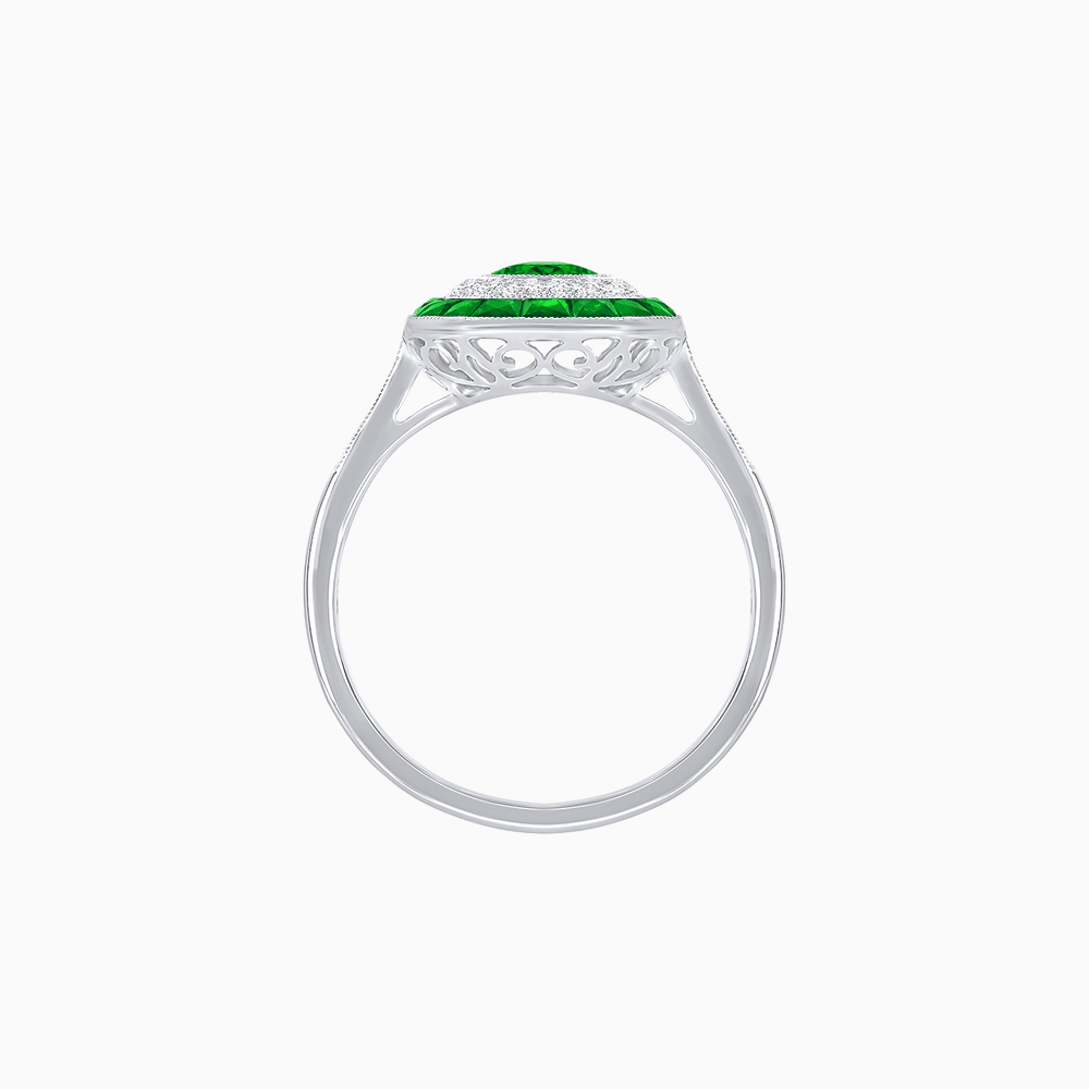 Art Deco Inspired Octagonal Halo Ring with Oval Center Stone and French-Cut Gemstone Border - Shahin Jewelry