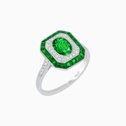 Art Deco Inspired Octagonal Halo Ring with Oval Center Stone and French-Cut Gemstone Border - Shahin Jewelry