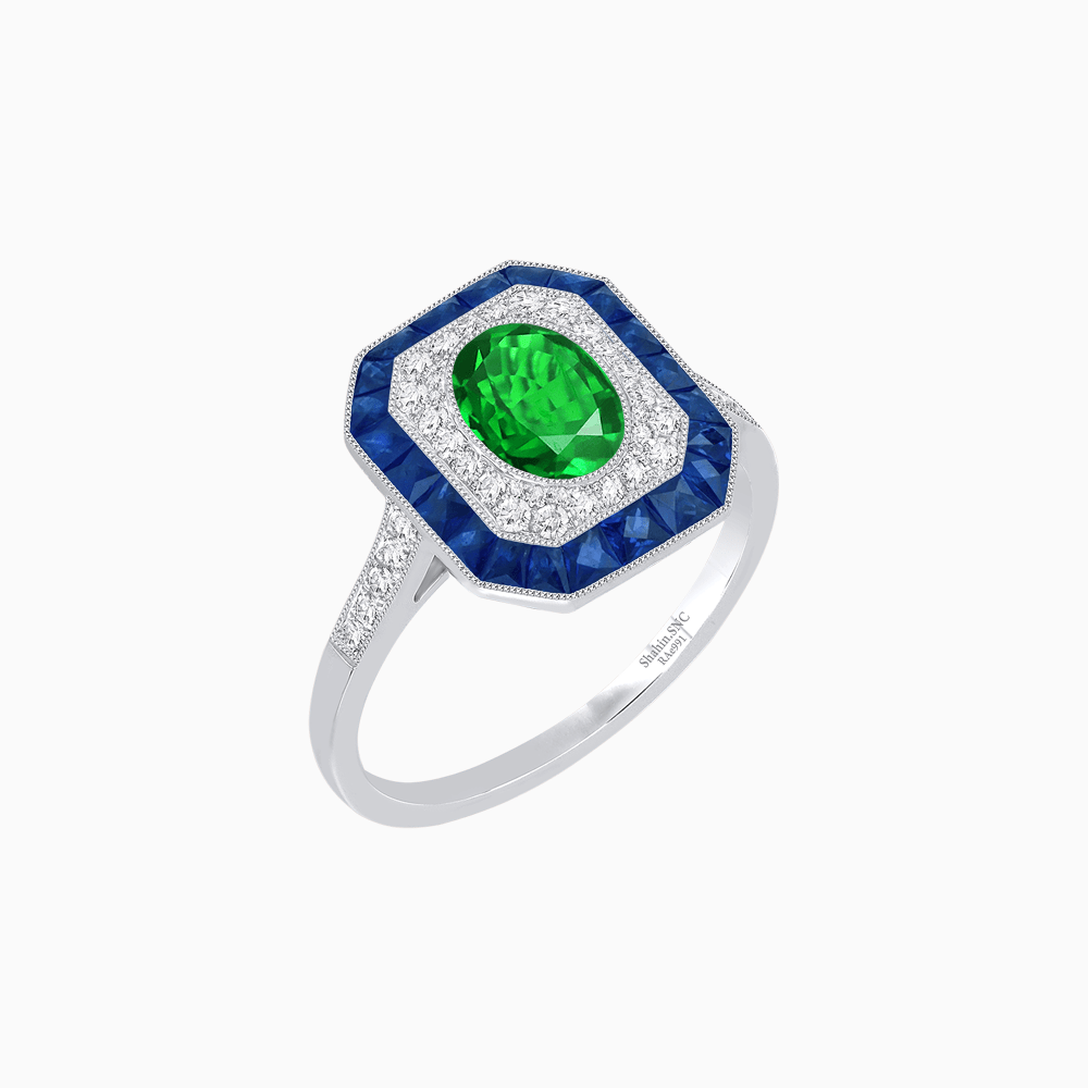 Art Deco Inspired Octagonal Halo Ring with Oval Center Stone and French-Cut Gemstone Border - Shahin Jewelry