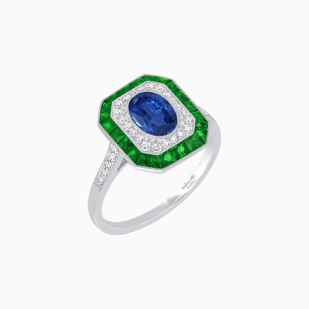 Art Deco Inspired Octagonal Halo Ring with Oval Center Stone and French-Cut Gemstone Border - Shahin Jewelry