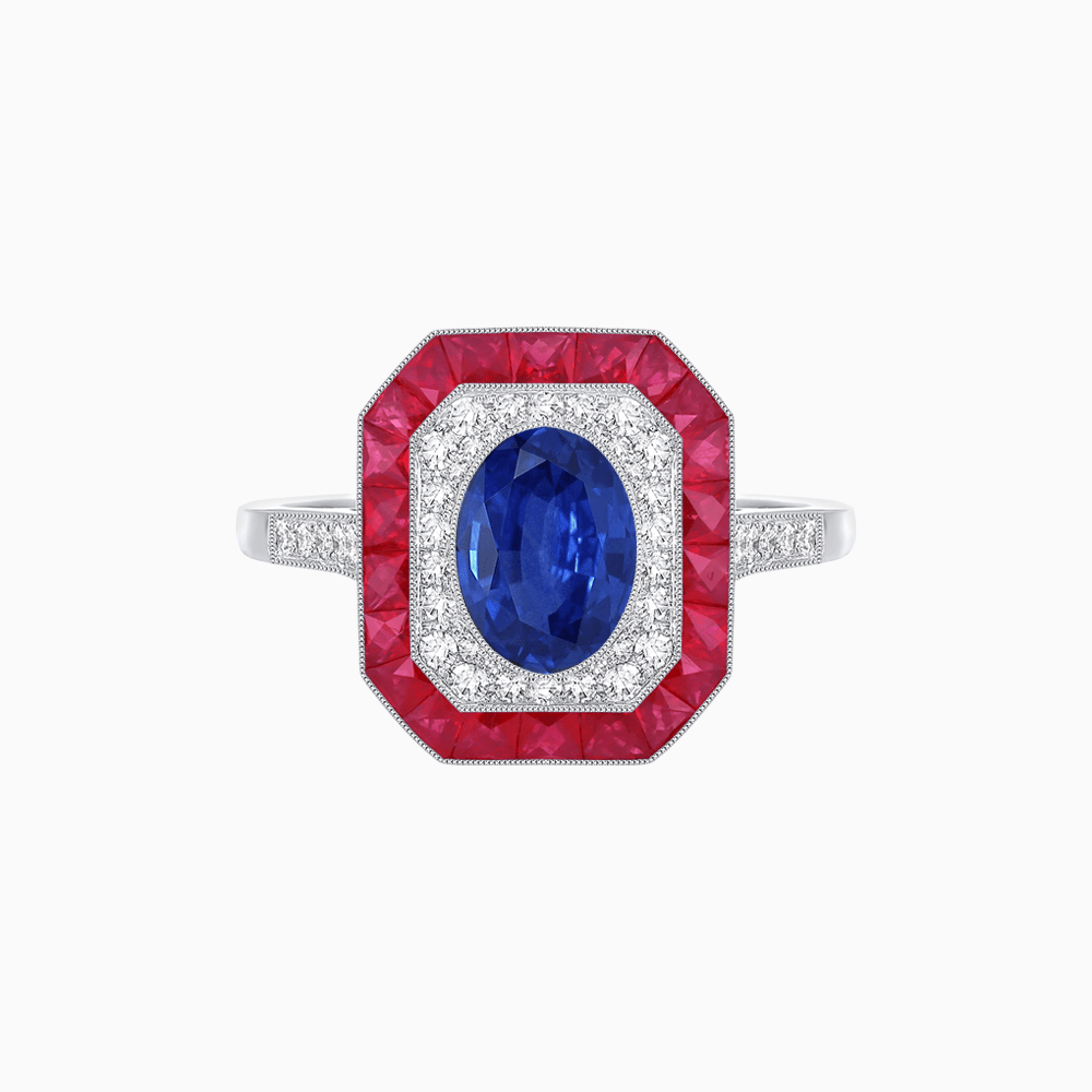 Art Deco Inspired Octagonal Halo Ring with Oval Center Stone and French-Cut Gemstone Border - Shahin Jewelry
