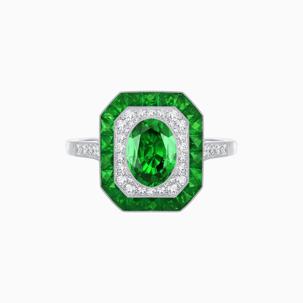 Art Deco Inspired Octagonal Halo Ring with Oval Center Stone and French-Cut Gemstone Border - Shahin Jewelry