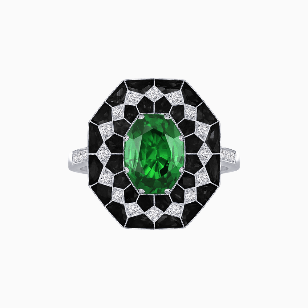 Art Deco - Inspired Octagonal Onyx and Diamond Geometric Ring Mounting in 18K White Gold - Shahin Jewelry