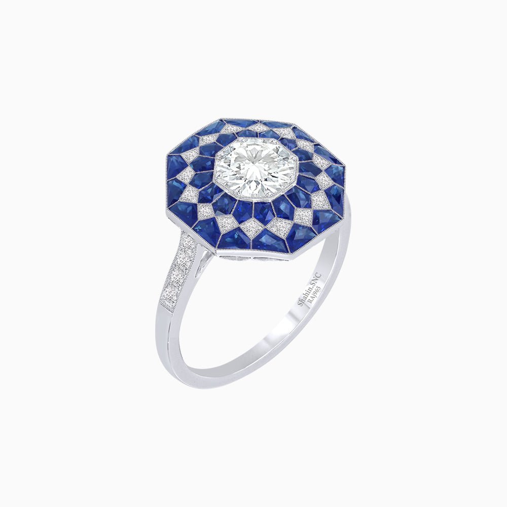 Art Deco Inspired Octagonal - shaped Geometric Ring with Diamond - Shahin Jewelry