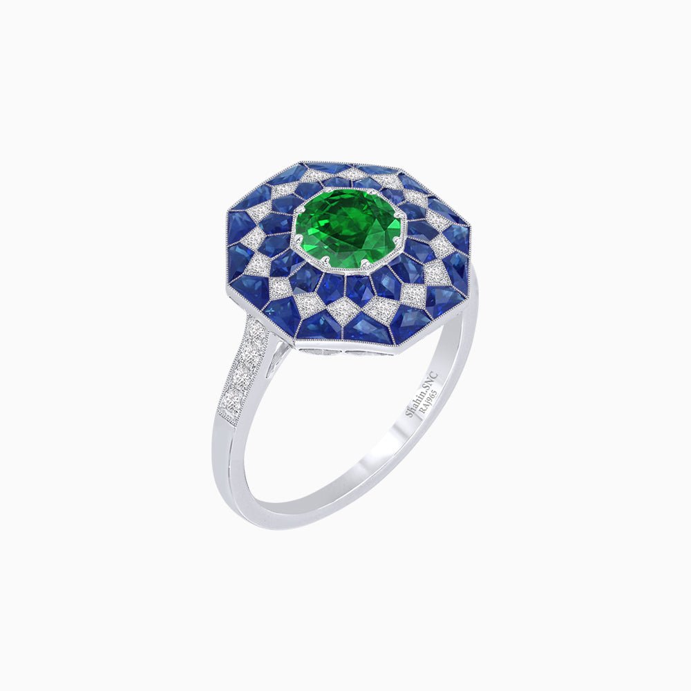 Art Deco Inspired Octagonal shaped Geometric Ring with Gemstone - Shahin Jewelry