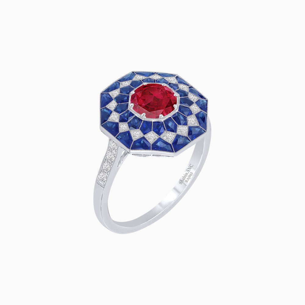 Art Deco Inspired Octagonal shaped Geometric Ring with Gemstone - Shahin Jewelry