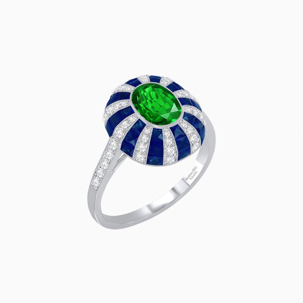 Art Deco Inspired Oval Calibré-Cut Sunburst Dome Ring - Shahin Jewelry